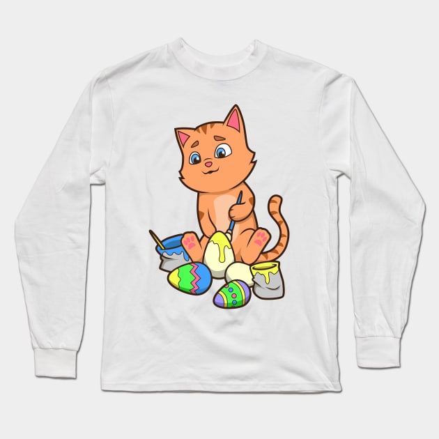 Cute cat painting easter eggs on easter day Long Sleeve T-Shirt by Modern Medieval Design